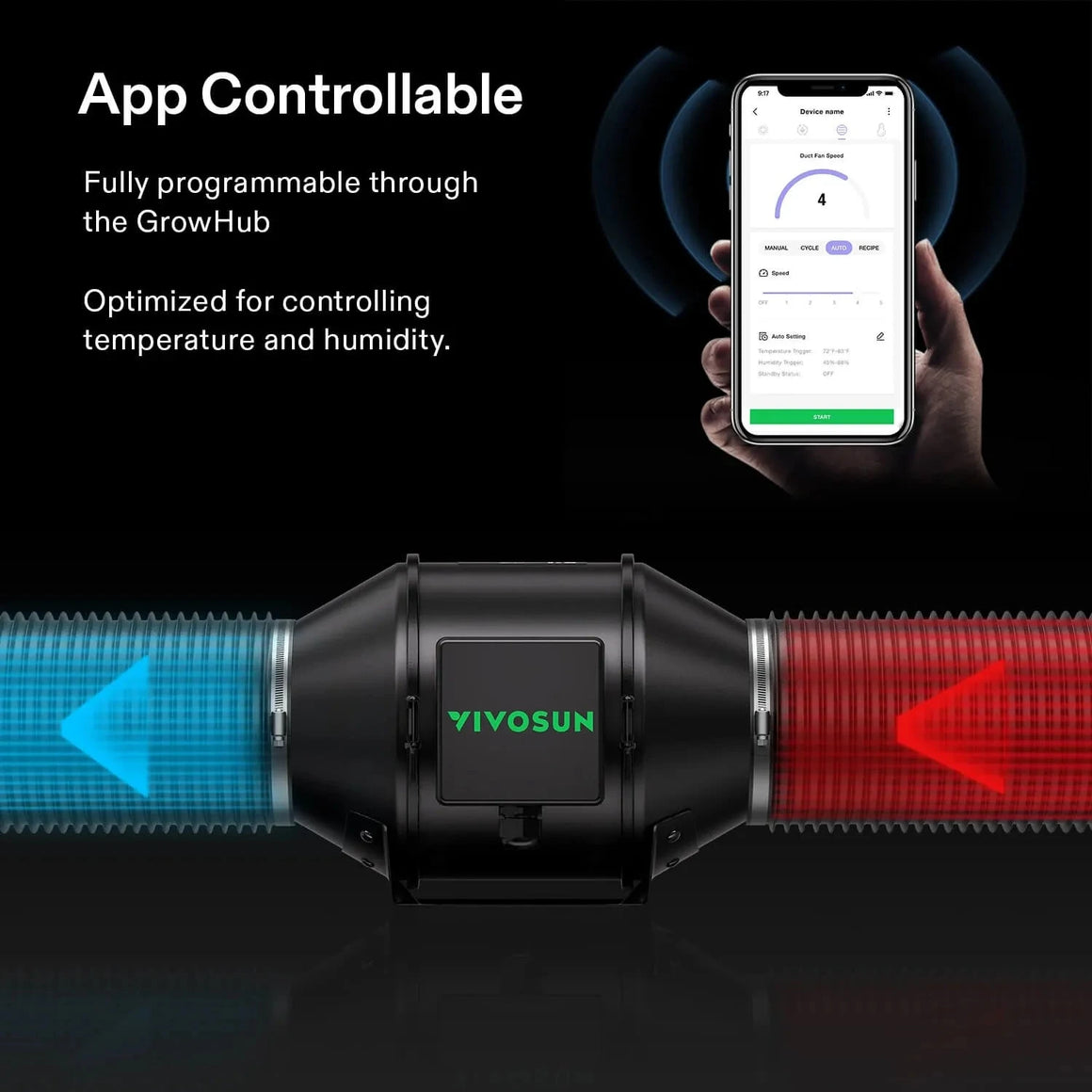 VIVOSUN inline duct fan with blue and red airflow, controlled by a smartphone app displaying speed, temp, and humidity settings.