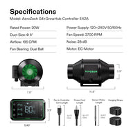AeroZesh G4 4-inch inline fan, E42A controller showing temp/humidity, sensor, cords, straps, and full specs.