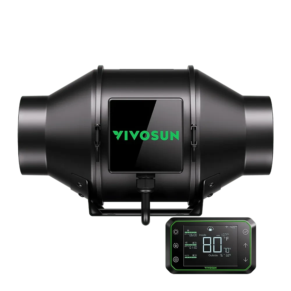 Black VIVOSUN AeroZesh G4 inline fan, green logo, with E42A WiFi controller displaying 80°F temperature and humidity.