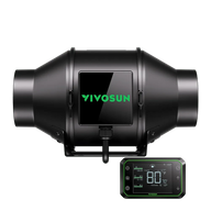 Black VIVOSUN AeroZesh G4 inline fan, green logo, with E42A WiFi controller displaying 80°F temperature and humidity.