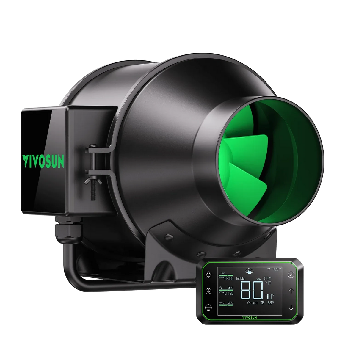 Black VIVOSUN AeroZesh G4 inline duct fan with green blades and E42A WiFi controller showing 80°F, 70% humidity.