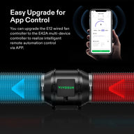 VIVOSUN inline duct fan with blue intake and red exhaust airflow, hand holding smartphone displaying app control for smart upgrade.