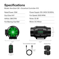 AeroZesh G6 inline fan with E12 controller, specifications, dimensions, power cord, and hanging straps.