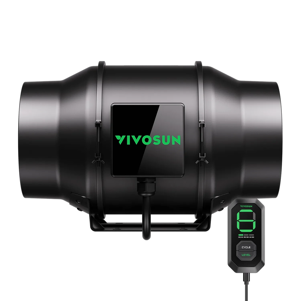 Black VIVOSUN inline duct ventilation fan with green logo and digital speed controller showing '6'.
