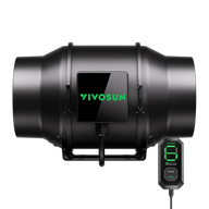 Black VIVOSUN inline duct ventilation fan with green logo and digital speed controller showing '6'.