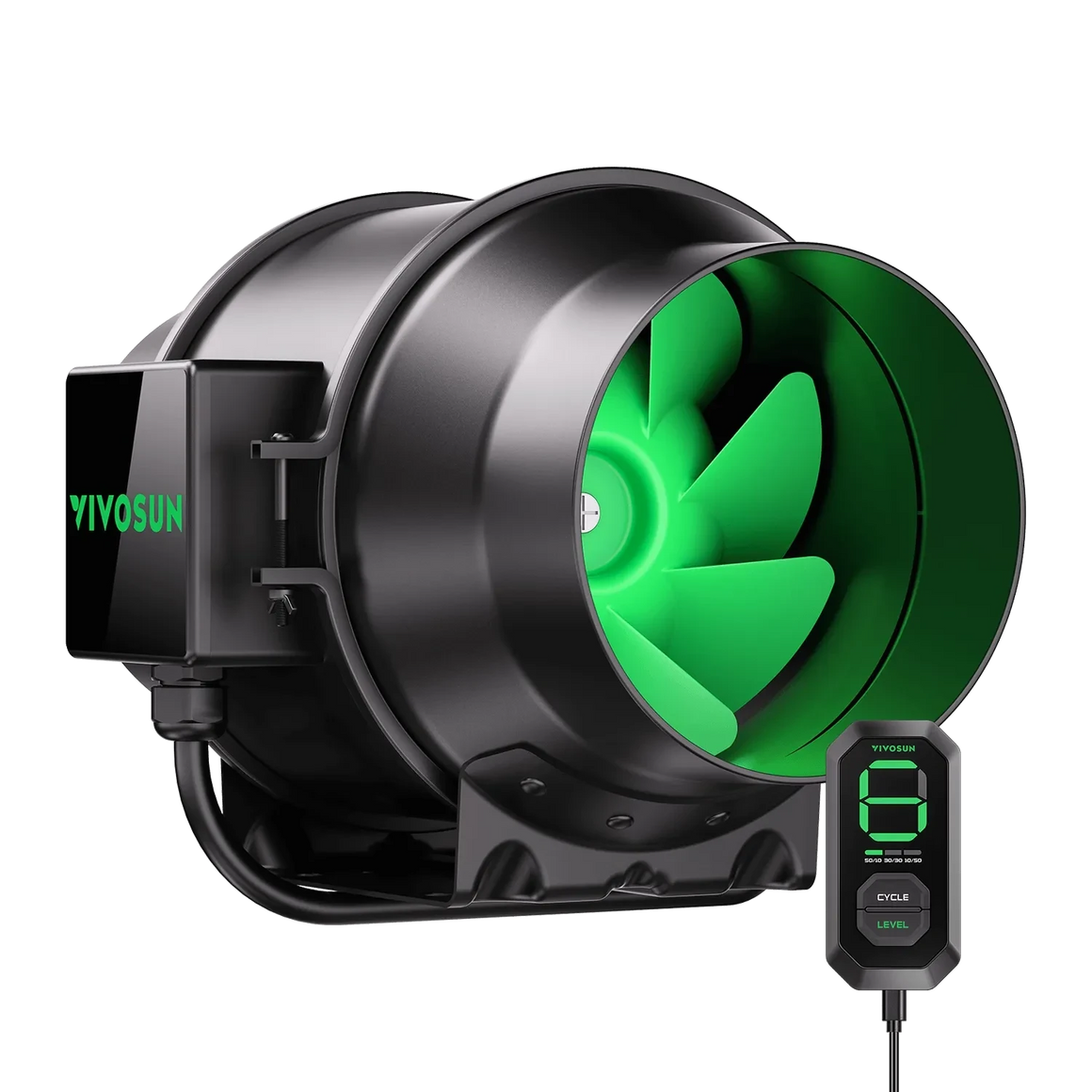 Black YIVOSUN inline duct fan with bright green blades, an attached control box, and a separate wired digital controller displaying '0'.