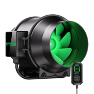 Black YIVOSUN inline duct fan with bright green blades, an attached control box, and a separate wired digital controller displaying '0'.