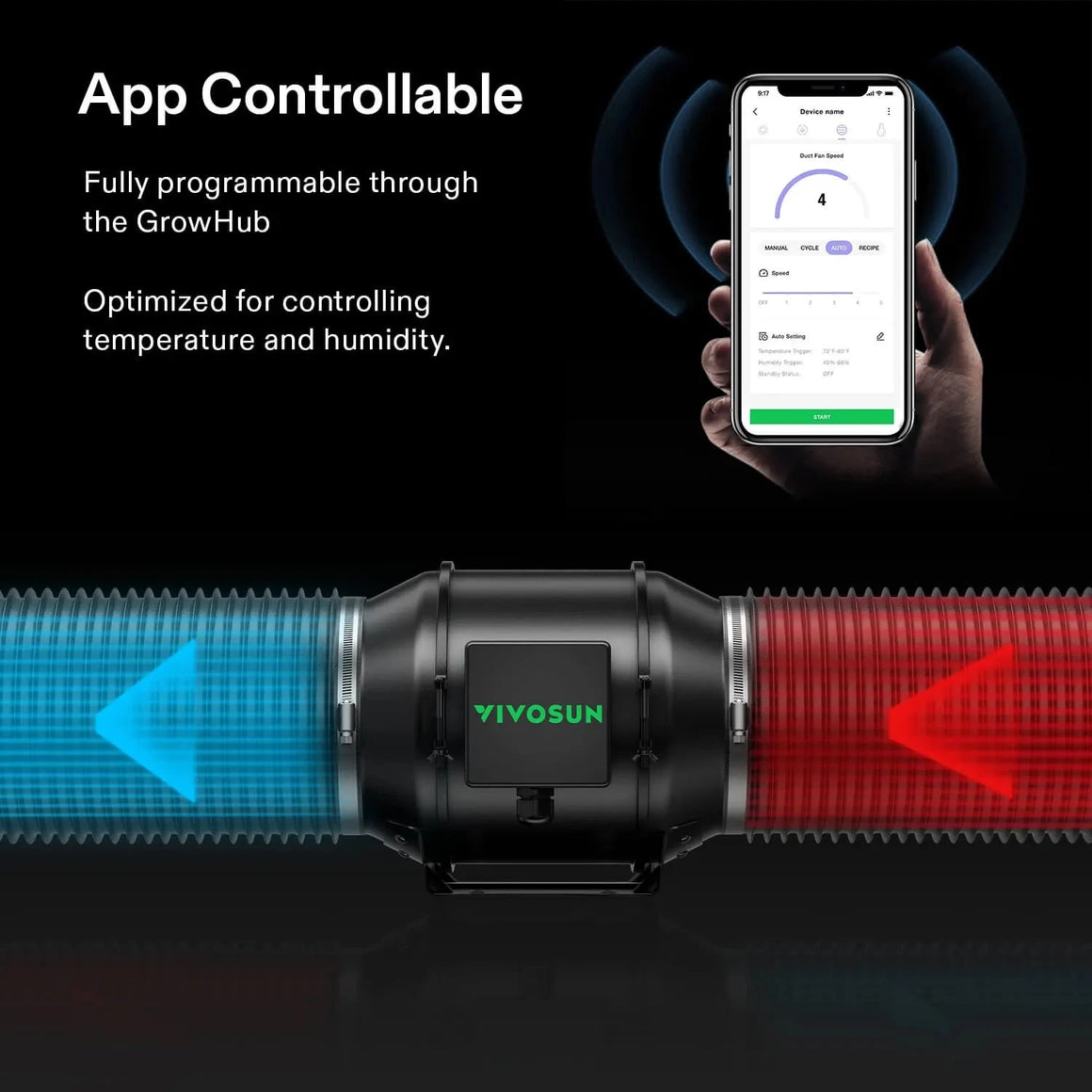 VIVOSUN inline duct fan with blue intake and red exhaust, controlled via smartphone app showing fan speed, temperature, and humidity.