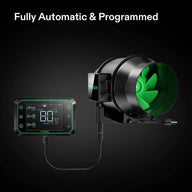 VIVOSUN inline fan with green blades, and fully automatic temp/humidity WiFi controller showing 80°F.