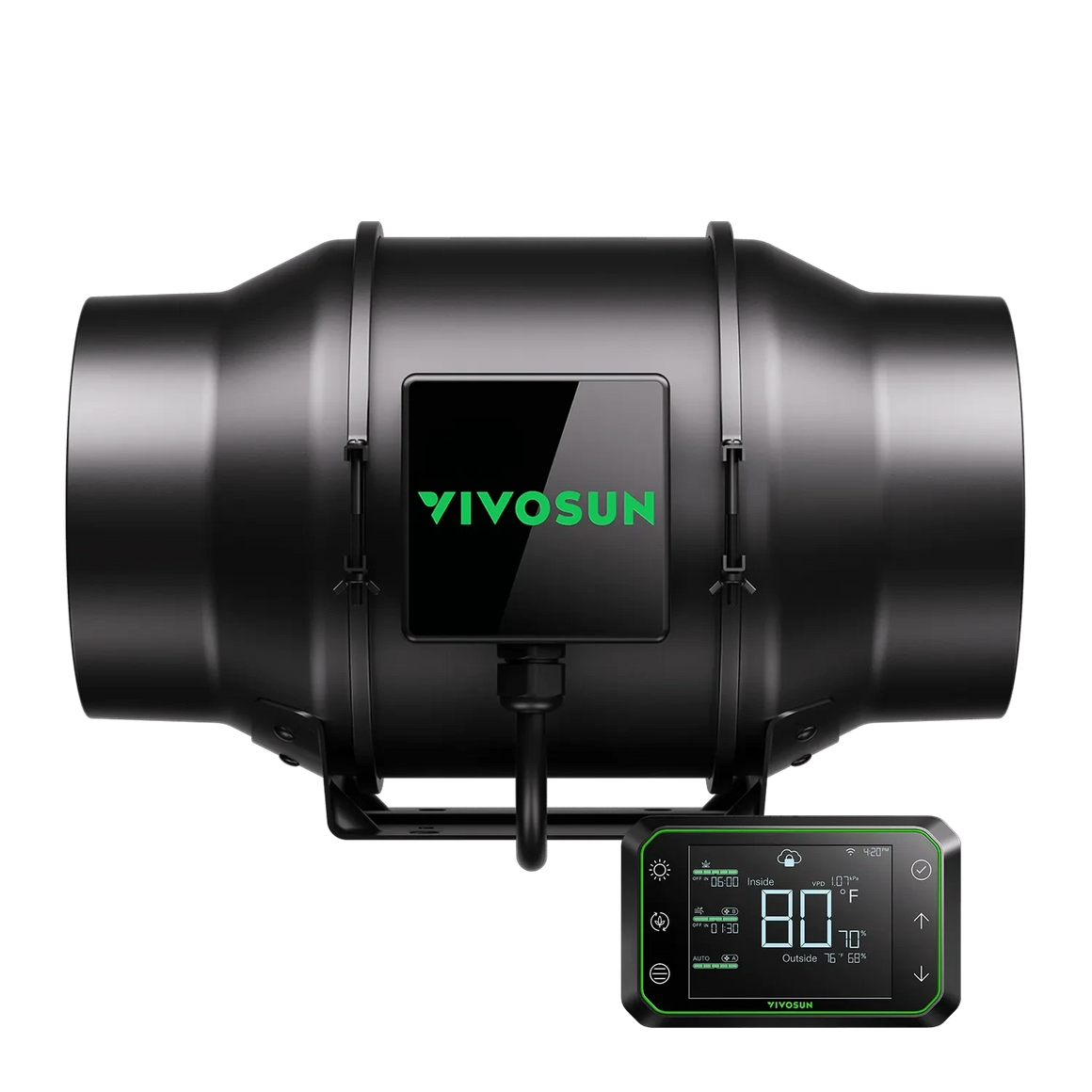 VIVOSUN AeroZesh G6 inline duct fan with E42A temperature and humidity WiFi controller, black on black background.