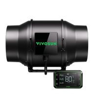 VIVOSUN AeroZesh G6 inline duct fan with E42A temperature and humidity WiFi controller, black on black background.