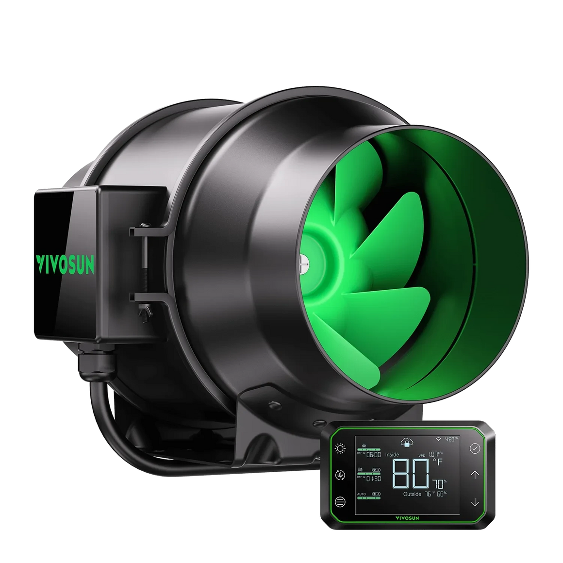 YIVOSUN black inline duct fan with bright green blades and a separate digital controller displaying temp, humidity, and VPD.