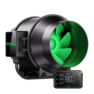 YIVOSUN black inline duct fan with bright green blades and a separate digital controller displaying temp, humidity, and VPD.