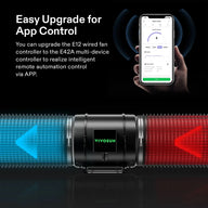 Vivosun AeroZesh G8 inline fan with blue intake & red exhaust ducts. Smartphone app shows fan speed control. 