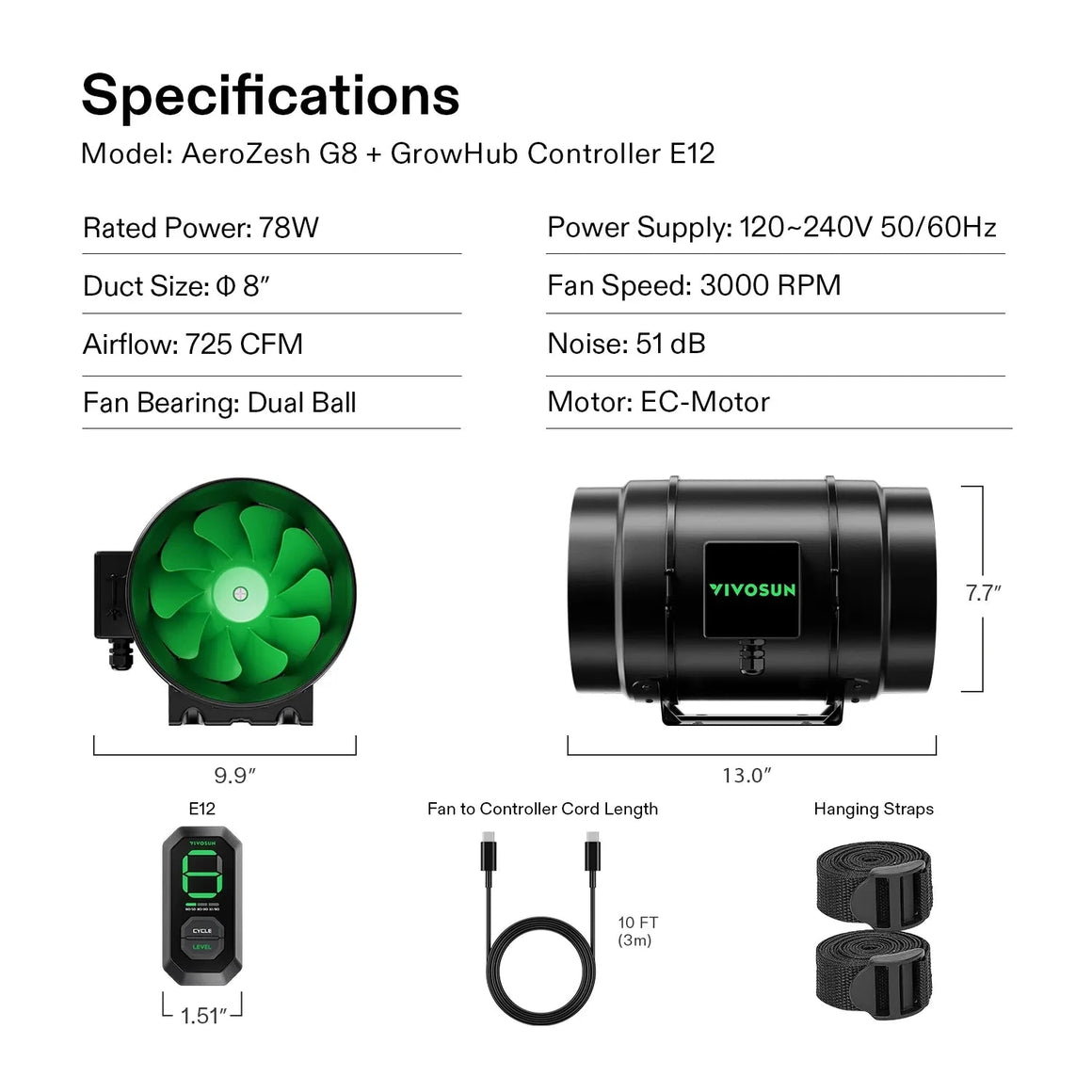 AeroZesh G8 8-inch inline fan & E12 controller specifications, with fan views, dimensions, cord, and hanging straps.