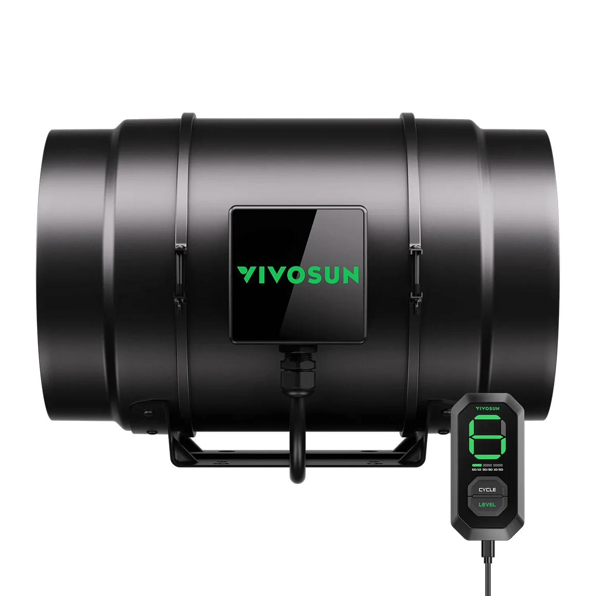 Black VIVOSUN AeroZesh G8 inline fan and E12 speed controller, displaying a green '6'.