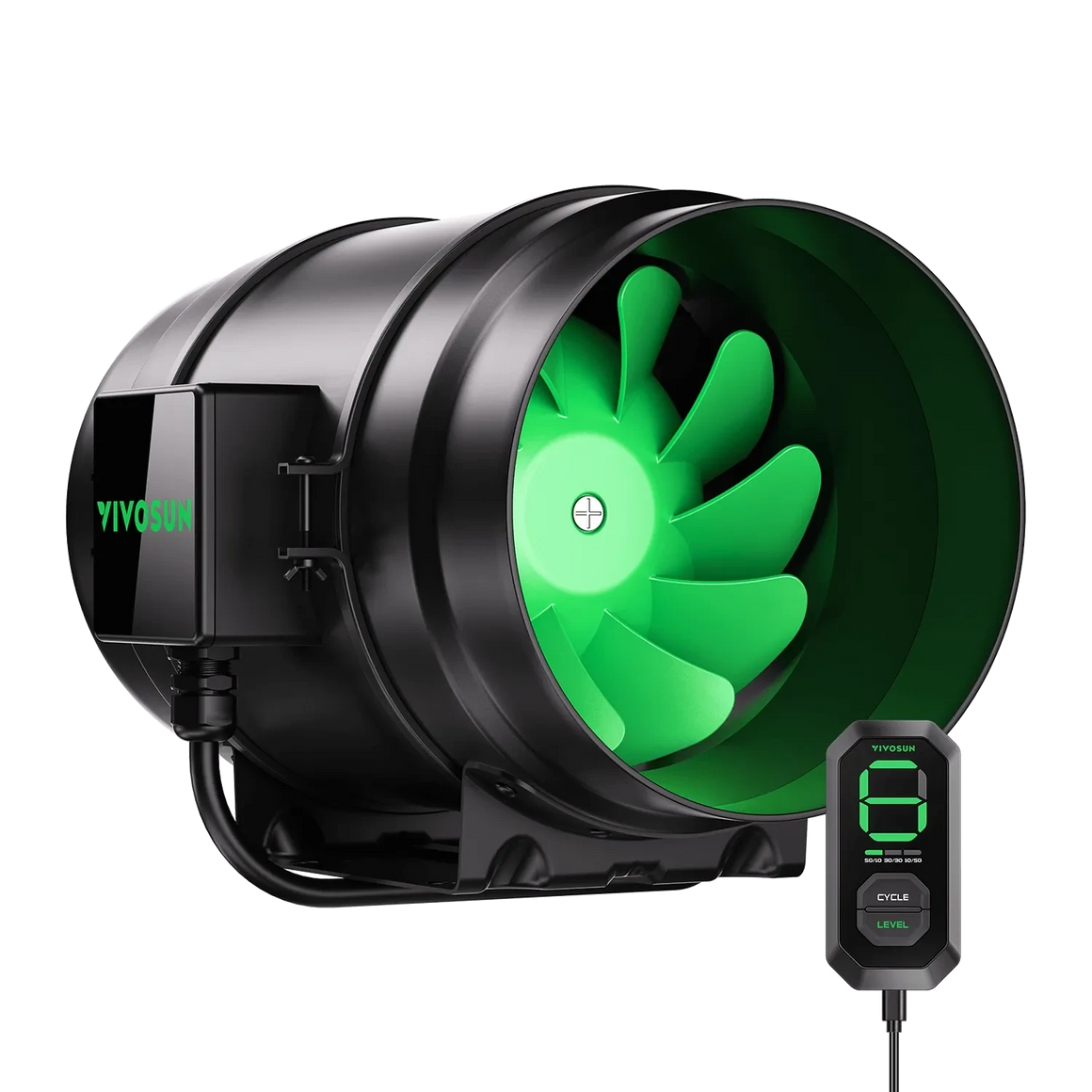 Black VIVOSUN inline duct fan with bright green blades and a digital speed controller showing '6', on a black background.