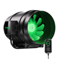 Black VIVOSUN inline duct fan with bright green blades and a digital speed controller showing '6', on a black background.