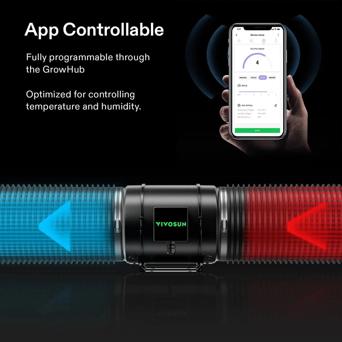 VIVOSUN inline duct fan with blue/red duct airflow, controlled via smartphone app showing temp/humidity settings.