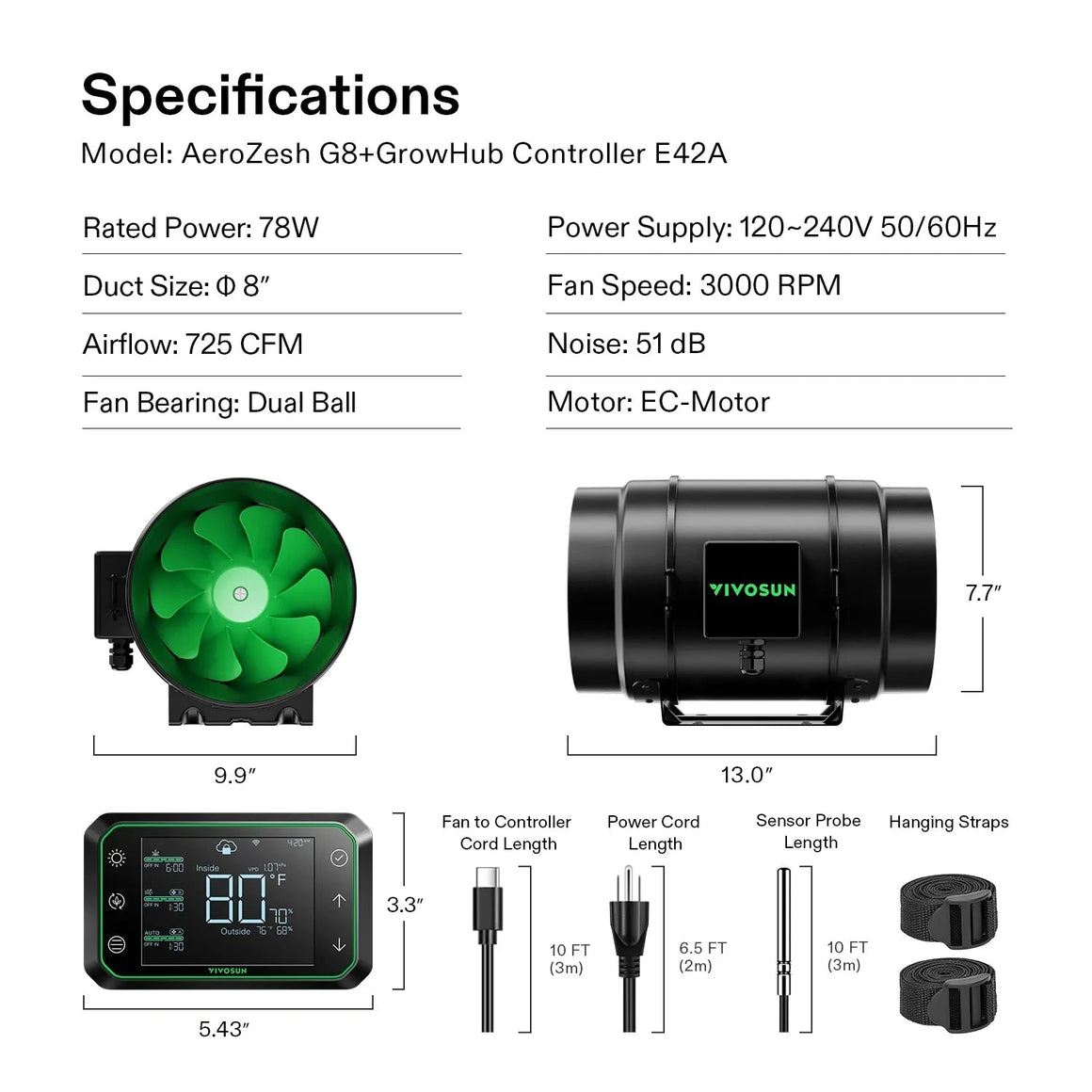 VIVOSUN AeroZesh G8+ 8-inch inline fan, GrowHub E42A controller, specs, cords, sensor, and hanging straps.