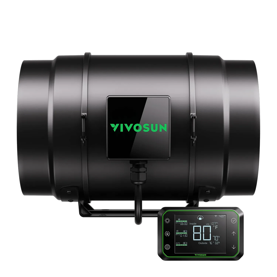 Black VIVOSUN AeroZesh G8 inline fan with E42A digital temperature and humidity controller displaying 80°F and 70%.