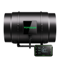 Black VIVOSUN AeroZesh G8 inline fan with E42A digital temperature and humidity controller displaying 80°F and 70%.