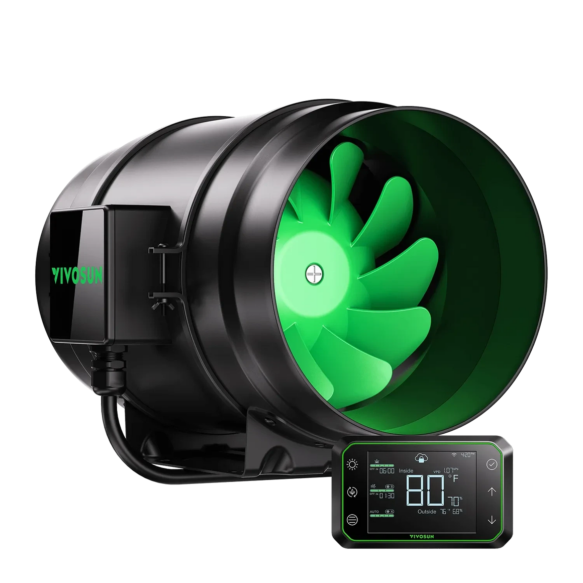 VIVOSUN black inline duct fan with vibrant green blades and a separate digital controller showing 80°F inside.