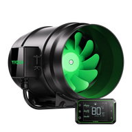 VIVOSUN black inline duct fan with vibrant green blades and a separate digital controller showing 80°F inside.