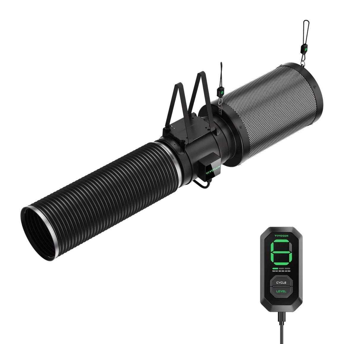 Black VIVOSUN AeroZesh G8 inline duct fan with ribbed hose, mesh filter, and green digital E12 speed controller.