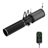 Black VIVOSUN AeroZesh G8 inline duct fan with ribbed hose, mesh filter, and green digital E12 speed controller.