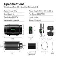 AeroZesh G8 8-inch inline duct fan kit with GrowHub E12 controller, black carbon filter, flexible ducting, and accessories.