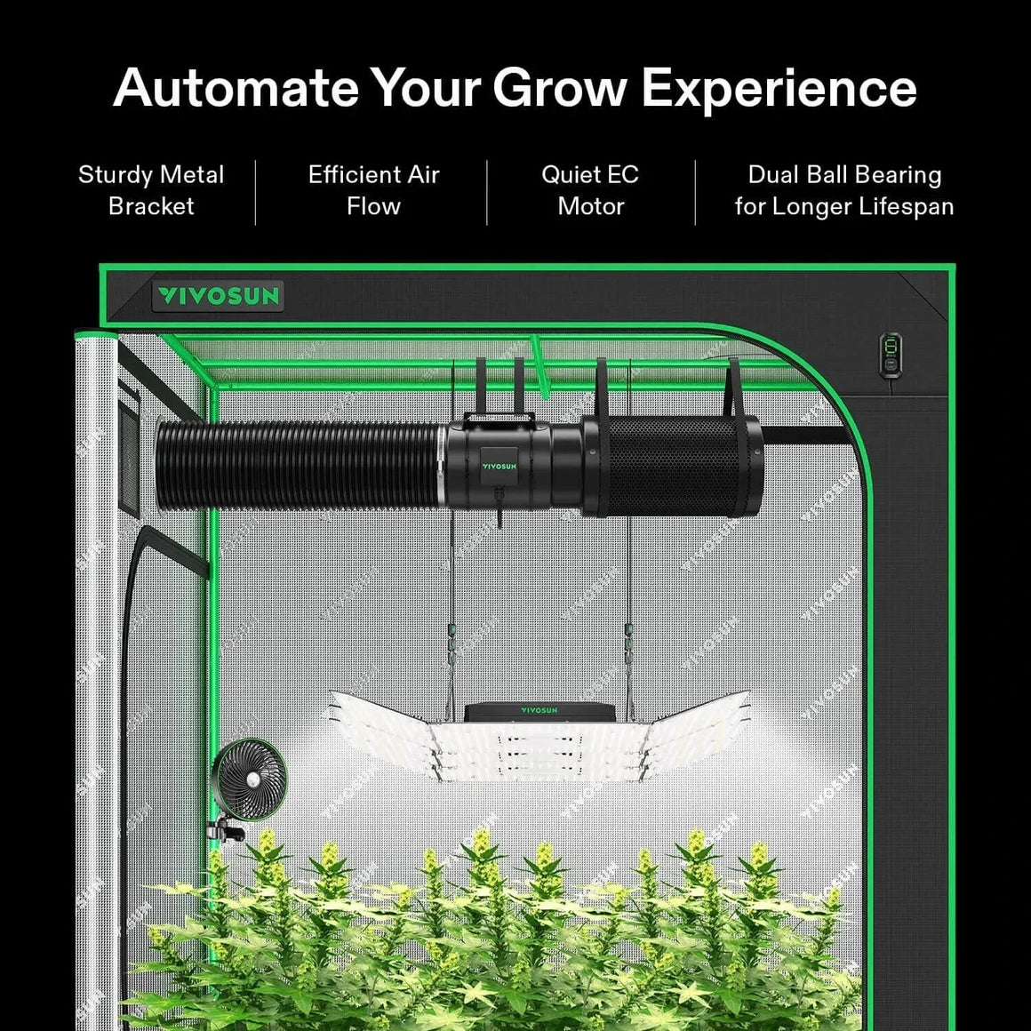 VIVOSUN grow tent kit with flowering plants, inline fan, carbon filter, ducting, LED grow light, and circulation fan.