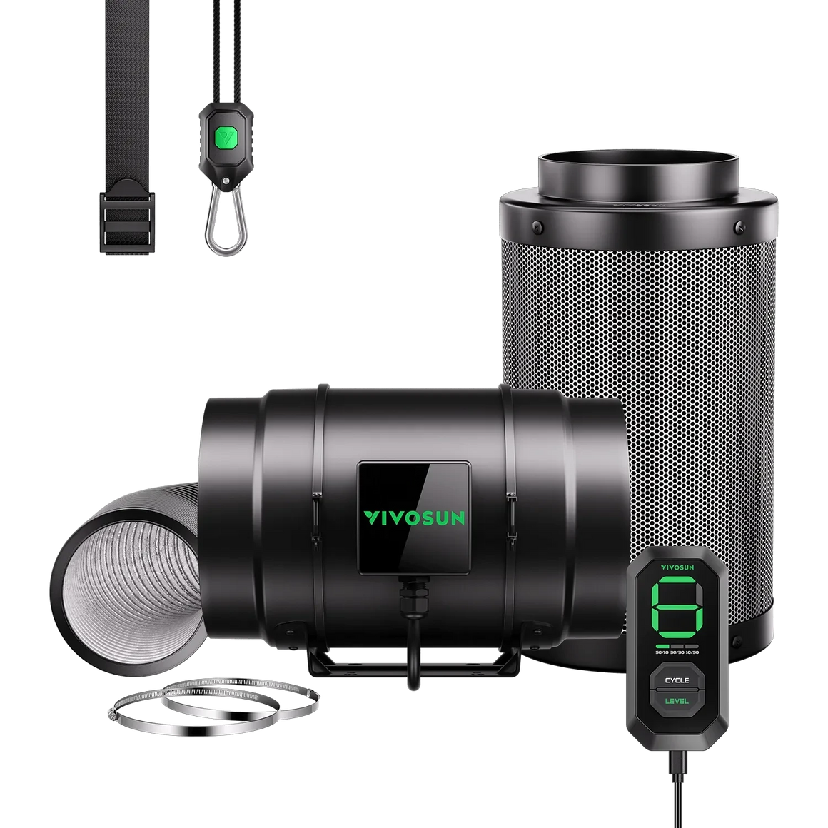 Black VIVOSUN AeroZesh G8 inline duct fan, E12 digital speed controller, cylindrical carbon filter, ducting, and hangers.