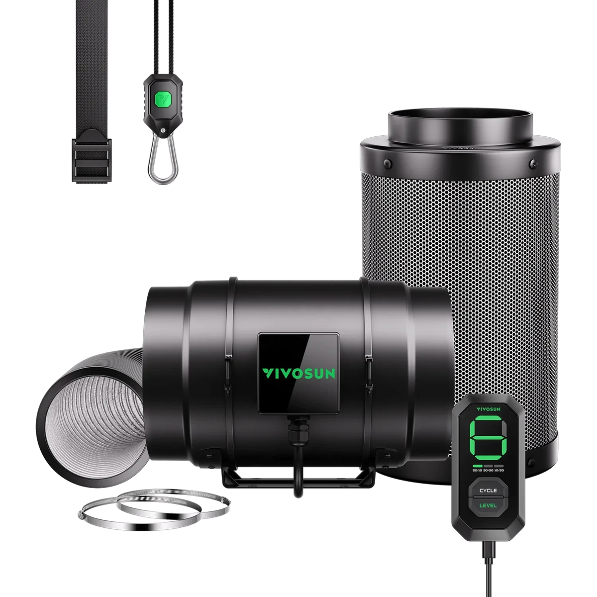 Black VIVOSUN AeroZesh G8 inline duct fan, E12 digital speed controller, cylindrical carbon filter, ducting, and hangers.