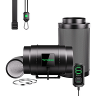 Black VIVOSUN AeroZesh G8 inline duct fan, E12 digital speed controller, cylindrical carbon filter, ducting, and hangers.
