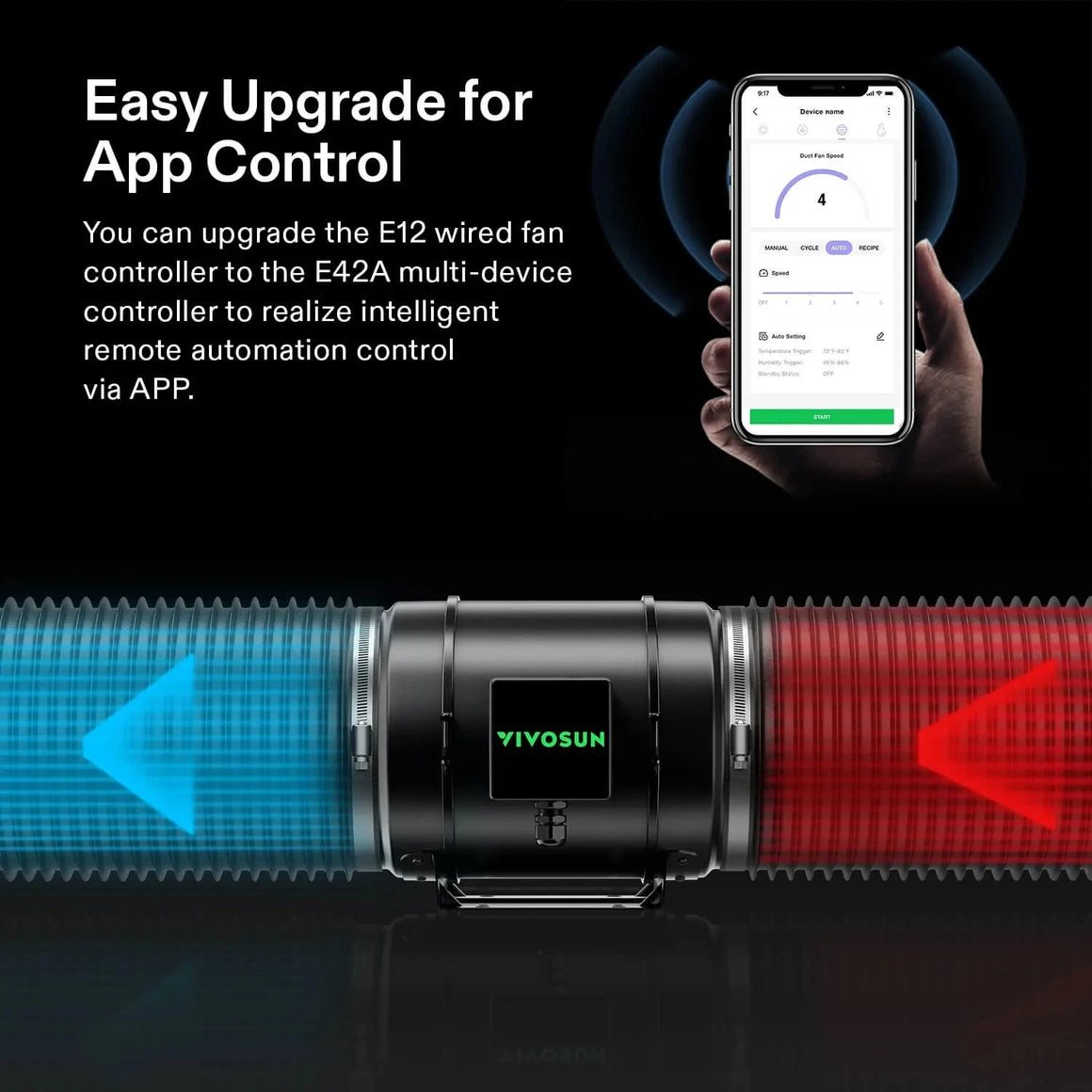 VIVOSUN inline duct fan with blue/red airflow ducts, controlled via a smartphone app. Easy upgrade for app control.