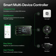 VIVOSUN smart multi-device controller, smartphone app, AeroLight, Clip Fan, and AeroZesh inline fan for grow systems.
