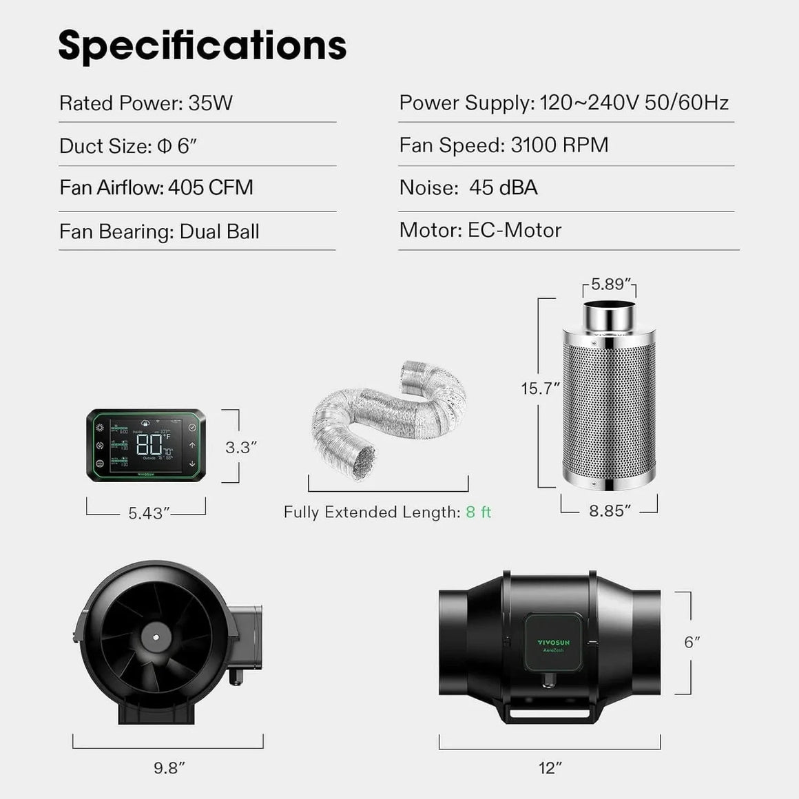 Specifications and dimensions for a VIVOSUN AeroZesh S6 inline fan, carbon filter, duct, and controller.