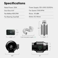 Specifications and dimensions for a VIVOSUN AeroZesh S6 inline fan, carbon filter, duct, and controller.
