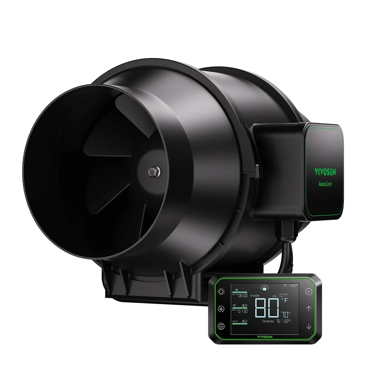 Black YIYOSUN AeroZesh S6 inline duct fan with digital controller showing 80°F inside, 70% humidity, and 76°F outside.