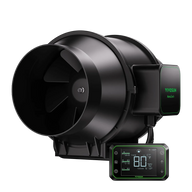 Black YIYOSUN AeroZesh S6 inline duct fan with digital controller showing 80°F inside, 70% humidity, and 76°F outside.