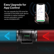 VIVOSUN inline duct fan with blue intake & red exhaust airflow, controlled by smartphone app for easy upgrade.