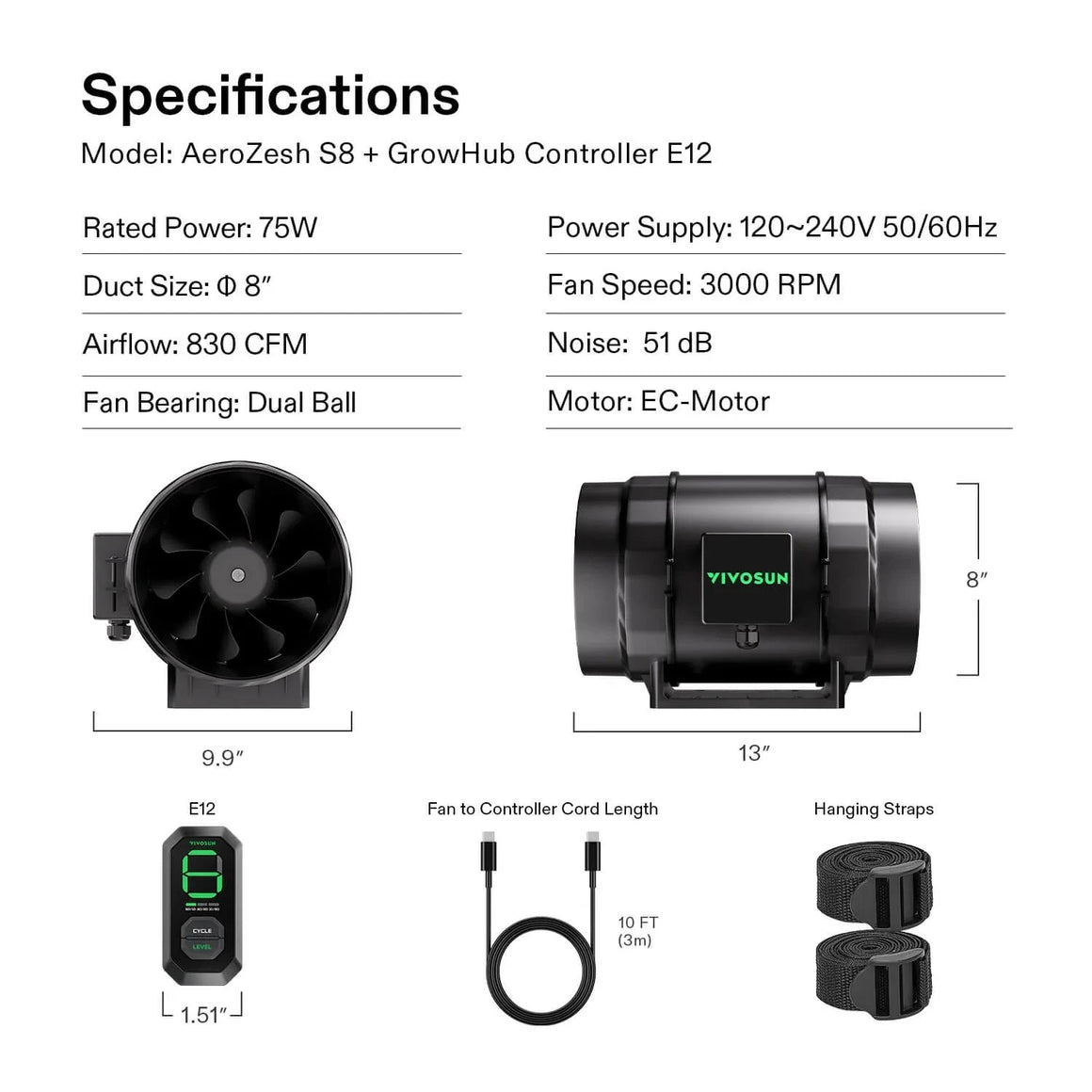 AeroZesh S8 8-inch inline fan specifications with E12 controller, dimensions, power, airflow, and accessories.