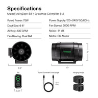AeroZesh S8 8-inch inline fan specifications with E12 controller, dimensions, power, airflow, and accessories.