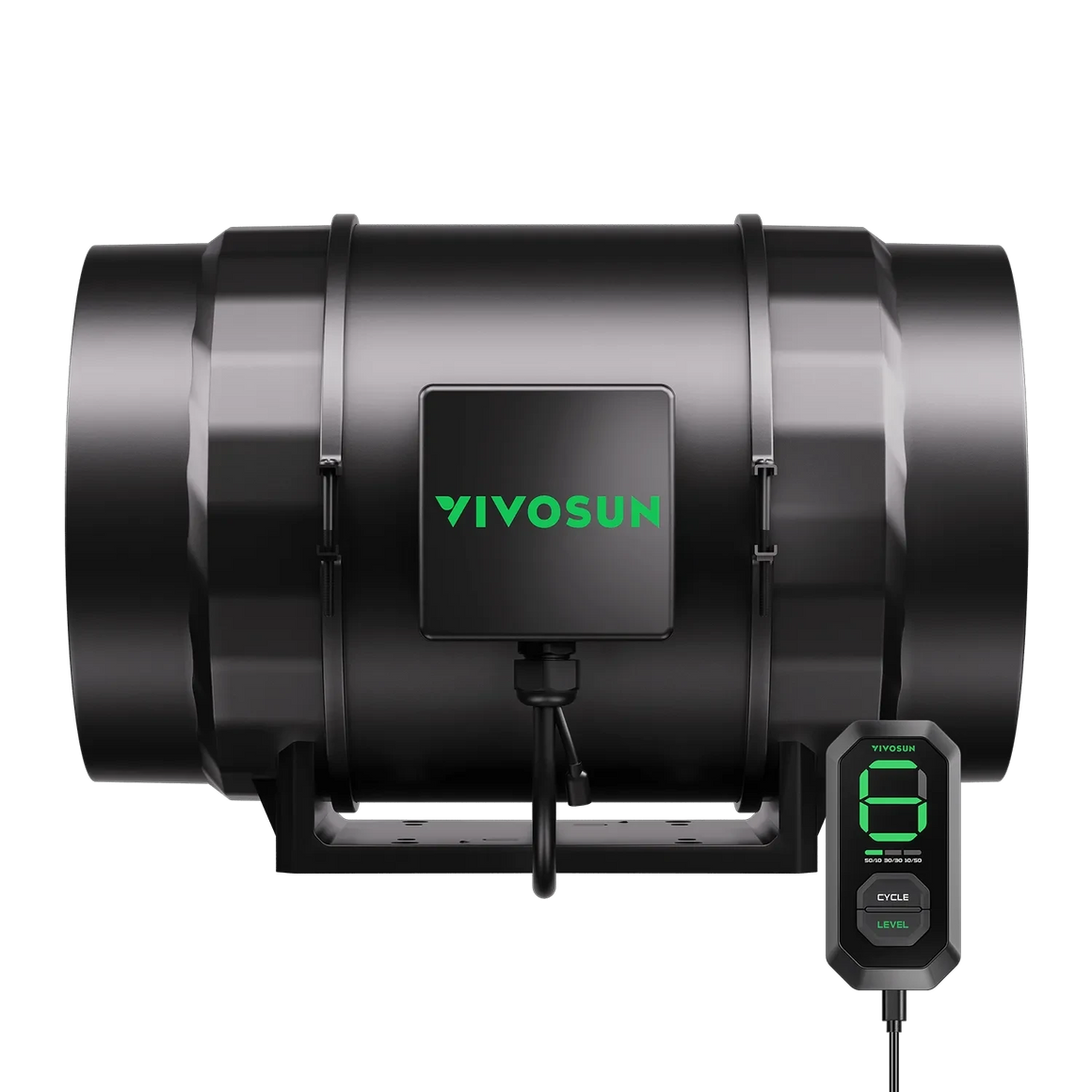 Black Vivosun AeroZesh S8 inline fan with green logo and E12 speed controller displaying '6'.