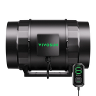 Black Vivosun AeroZesh S8 inline fan with green logo and E12 speed controller displaying '6'.