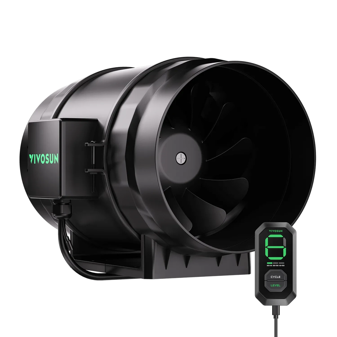 VIVOSUN AeroZesh S8 inline duct fan, black, with green logo & E12 remote controller showing speed '6' on display.