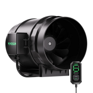 VIVOSUN AeroZesh S8 inline duct fan, black, with green logo & E12 remote controller showing speed '6' on display.