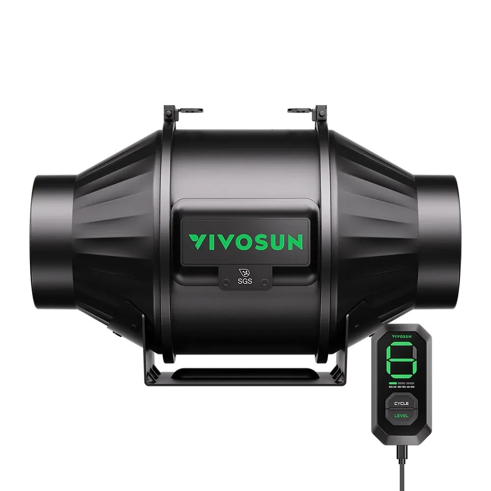 Black VIVOSUN inline duct fan with a green illuminated logo, and a digital controller displaying speed level '8'.