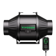 Black VIVOSUN inline duct fan with a green illuminated logo, and a digital controller displaying speed level '8'.